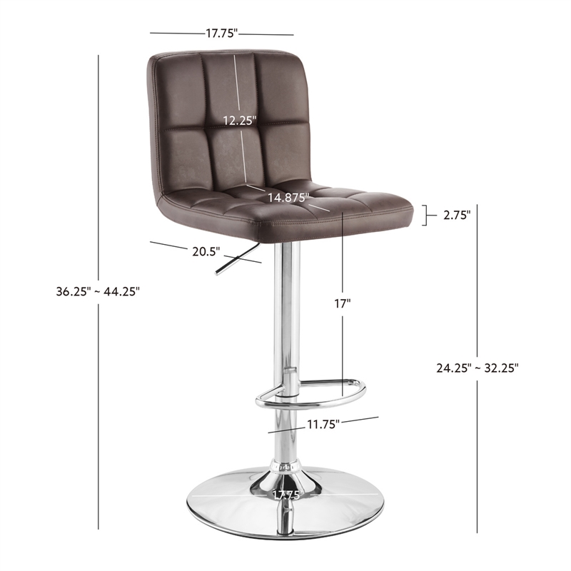 Linon Hanlon Metal Gas Lift Adjustable Barstool in Chocolate Brown Faux Leather