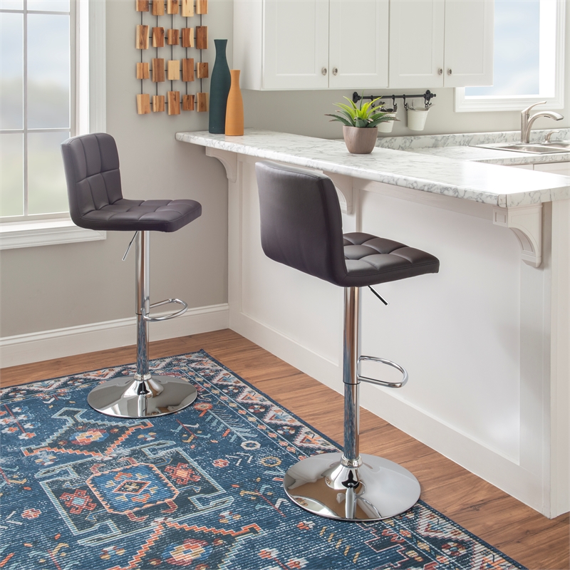 Linon Hanlon Metal Gas Lift Adjustable Barstool in Chocolate Brown Faux Leather