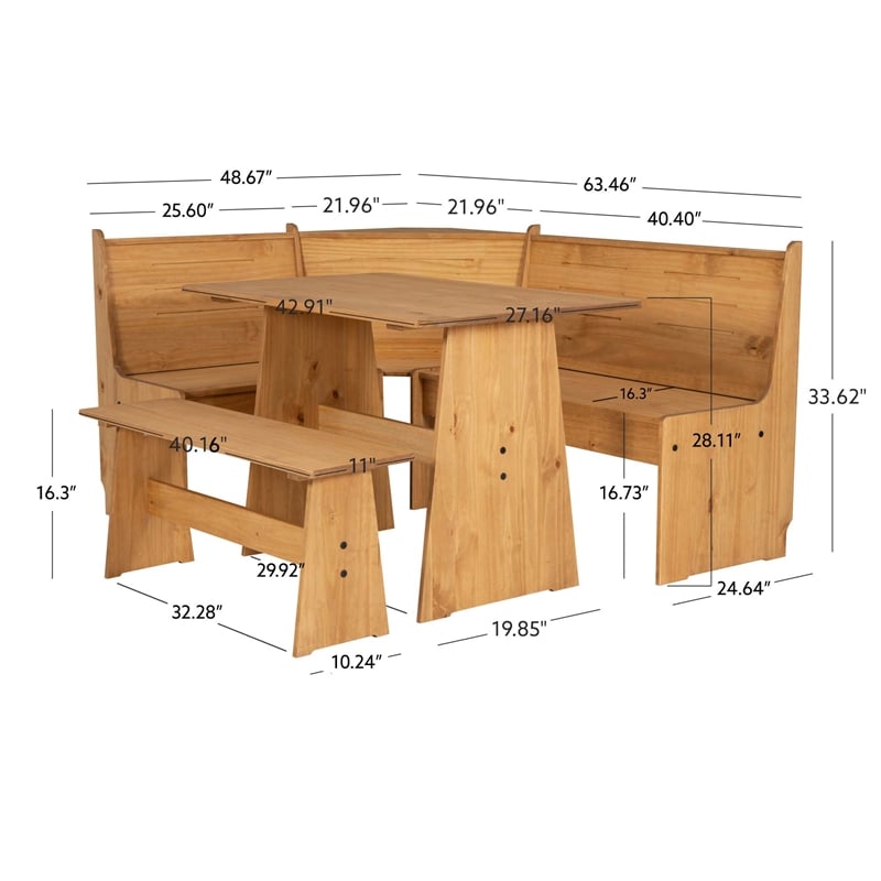 Linon Talon Pine Wood Corner Dining Nook Set with Storage in Natural Finish