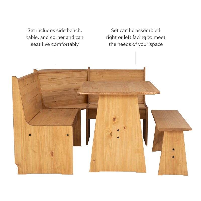 Linon Talon Pine Wood Corner Dining Nook Set with Storage in Natural Finish