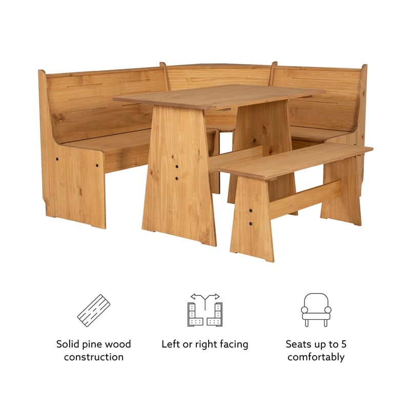 Linon Talon Pine Wood Corner Dining Nook Set with Storage in Natural Finish