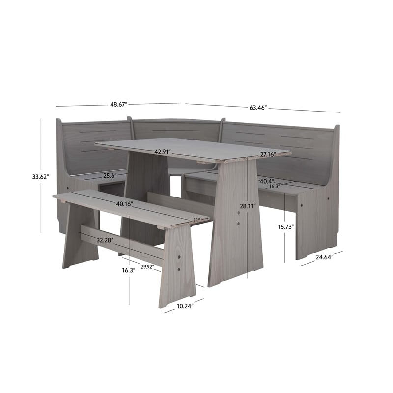 Linon Talon Pine Wood Corner Dining Nook Set with Storage in Gray Finish