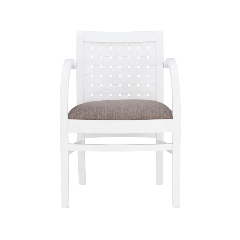 Linon Riker Arm Chair Grey Upholstered Seat Woven Backrest in White Beechwood