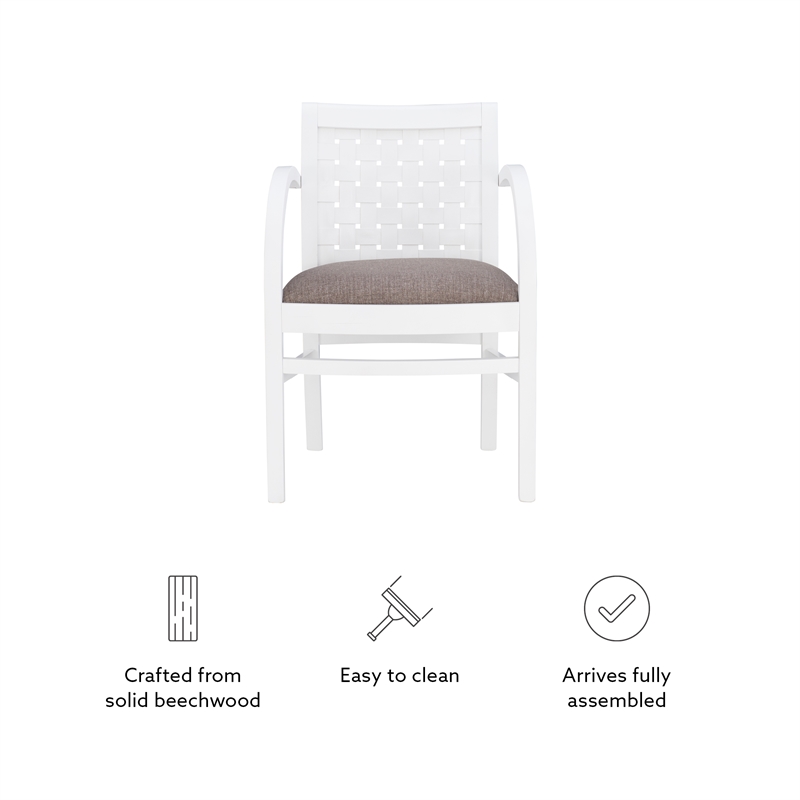 Linon Riker Arm Chair Grey Upholstered Seat Woven Backrest in White Beechwood