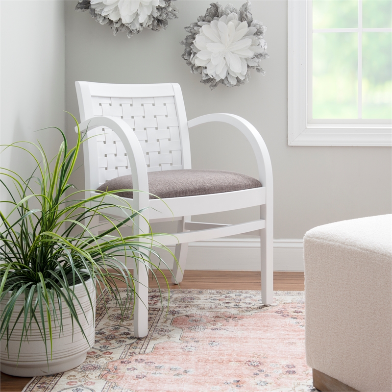 Linon Riker Arm Chair Grey Upholstered Seat Woven Backrest in White Beechwood