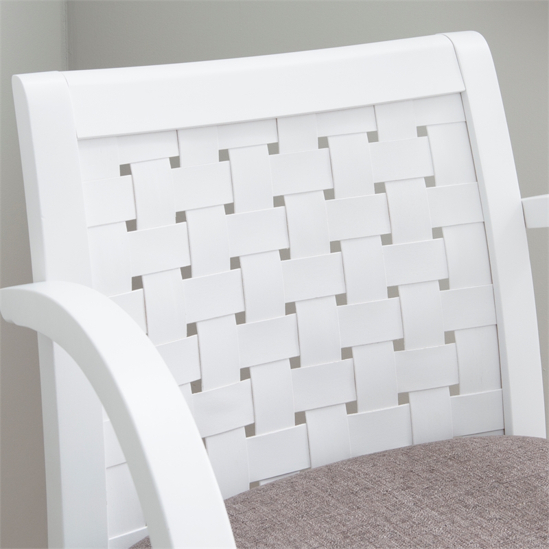 Linon Riker Arm Chair Grey Upholstered Seat Woven Backrest in White Beechwood