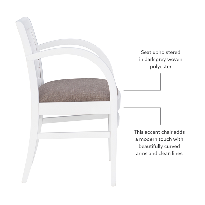 Linon Riker Arm Chair Grey Upholstered Seat Woven Backrest in White Beechwood