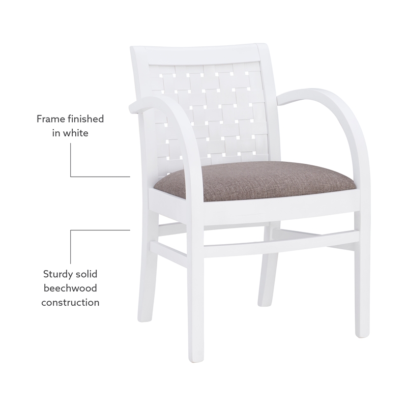 Linon Riker Arm Chair Grey Upholstered Seat Woven Backrest in White Beechwood