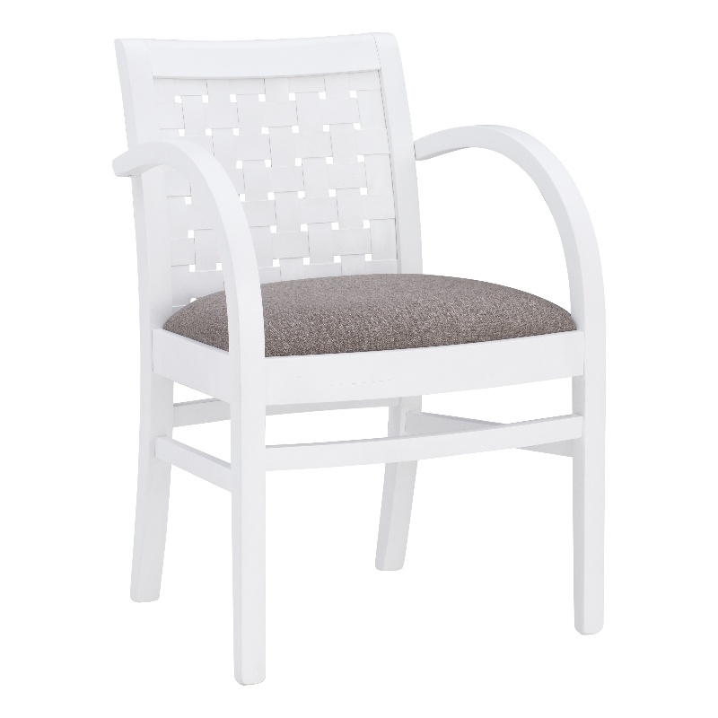 Linon Riker Arm Chair Grey Upholstered Seat Woven Backrest in White Beechwood