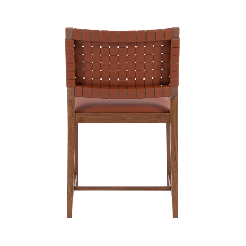 Linon Hutton Dining Chair Woven Leather Backrest in Brown Stained Solid Wood