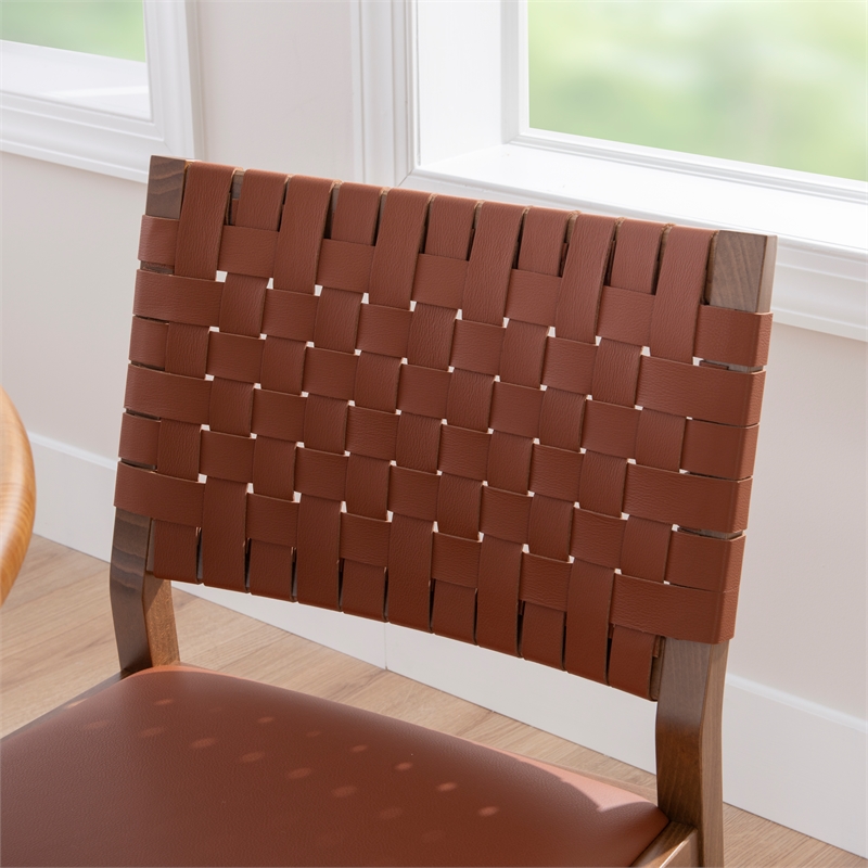 Linon Hutton Dining Chair Woven Leather Backrest in Brown Stained Solid Wood