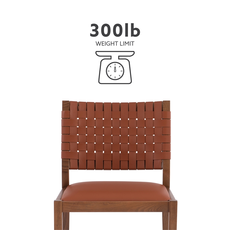 Linon Hutton Dining Chair Woven Leather Backrest in Brown Stained Solid Wood