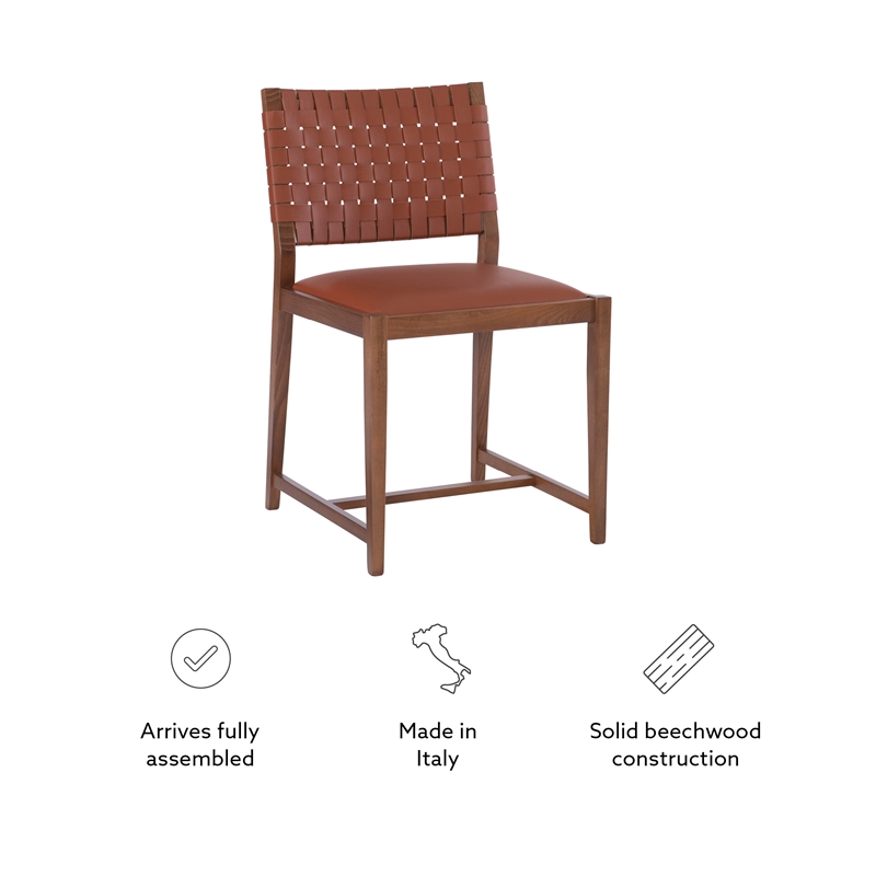 Linon Hutton Dining Chair Woven Leather Backrest in Brown Stained Solid Wood