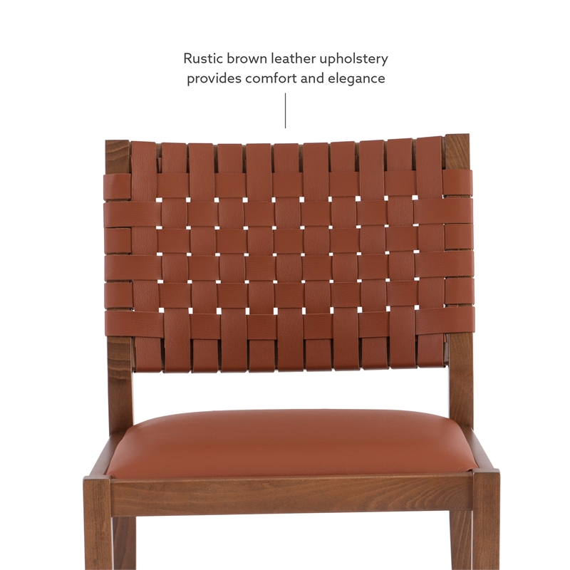 Linon Hutton Dining Chair Woven Leather Backrest in Brown Stained Solid Wood