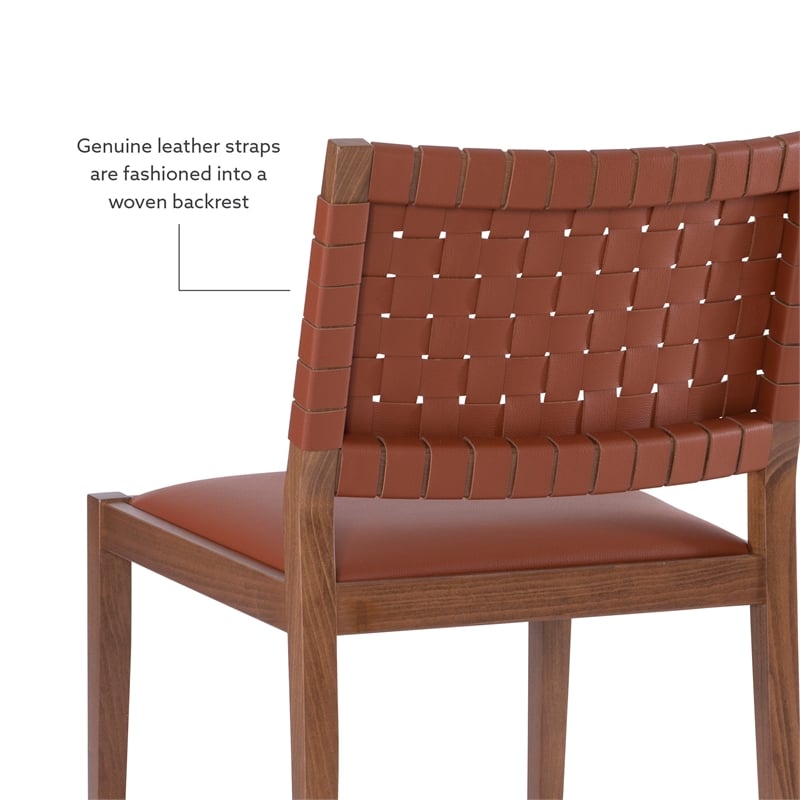 Linon Hutton Dining Chair Woven Leather Backrest in Brown Stained Solid Wood