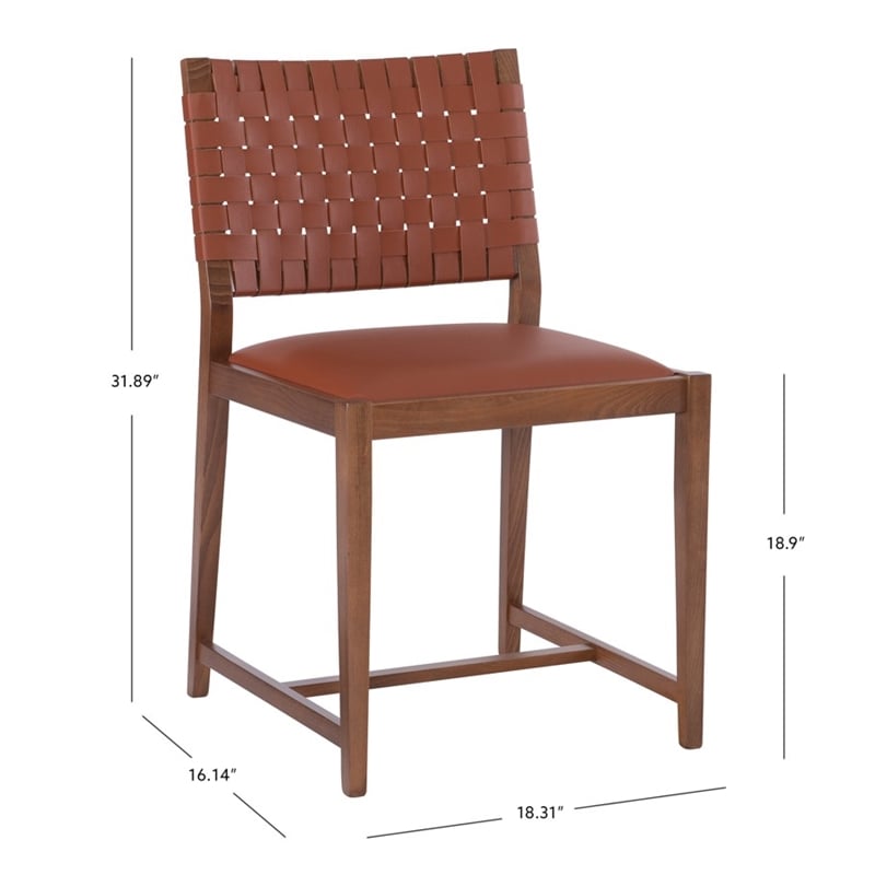 Linon Hutton Dining Chair Woven Leather Backrest in Brown Stained Solid Wood