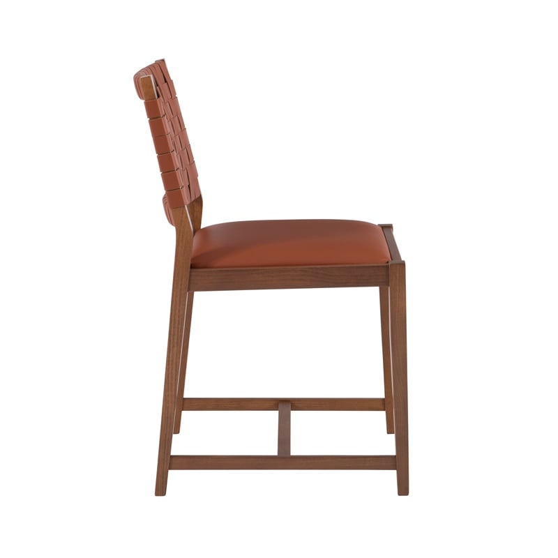 Linon Hutton Dining Chair Woven Leather Backrest in Brown Stained Solid Wood