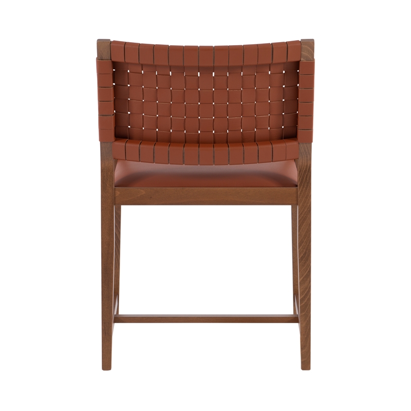 Linon Hutton Dining Arm Chair Woven Leather Back in Brown Stained Solid Wood