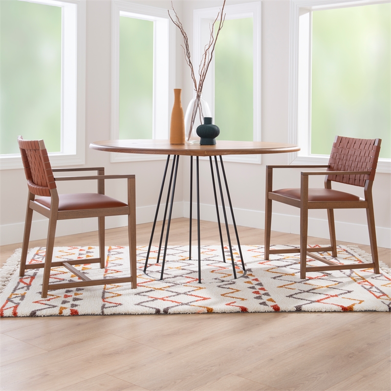 Linon Hutton Dining Arm Chair Woven Leather Back in Brown Stained Solid Wood