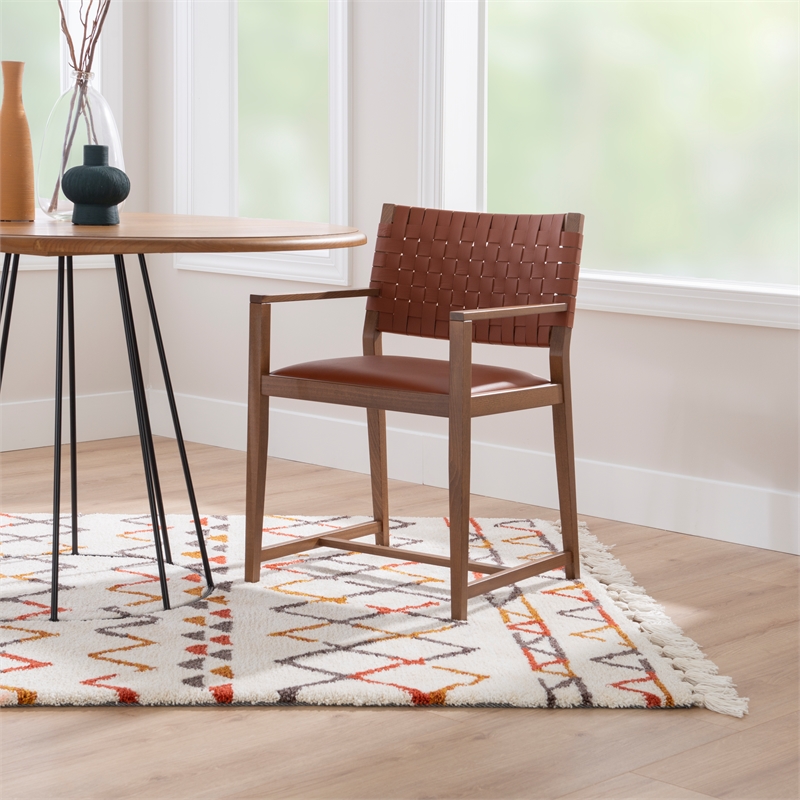 Linon Hutton Dining Arm Chair Woven Leather Back in Brown Stained Solid Wood