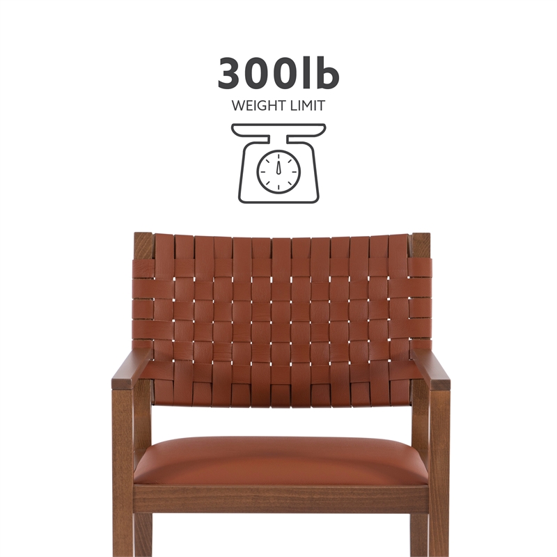 Linon Hutton Dining Arm Chair Woven Leather Back in Brown Stained Solid Wood