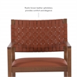 Linon Hutton Dining Arm Chair Woven Leather Back in Brown Stained Solid Wood