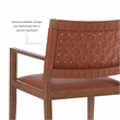 Linon Hutton Dining Arm Chair Woven Leather Back in Brown Stained Solid Wood