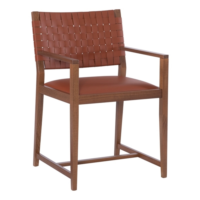 Linon Hutton Dining Arm Chair Woven Leather Back in Brown Stained Solid Wood