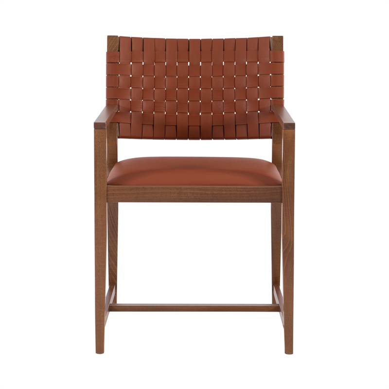 Linon Hutton Dining Arm Chair Woven Leather Back in Brown Stained Solid Wood
