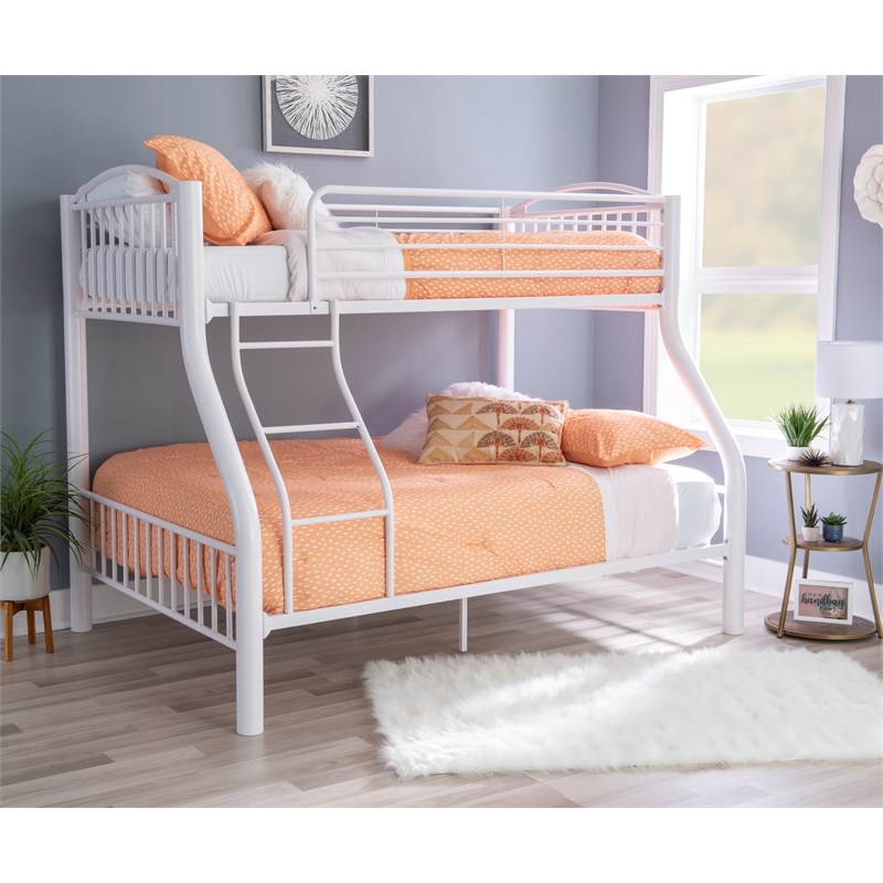Linon Heavy Metal Twin Over Full Bunk Bed Attached Ladder in White
