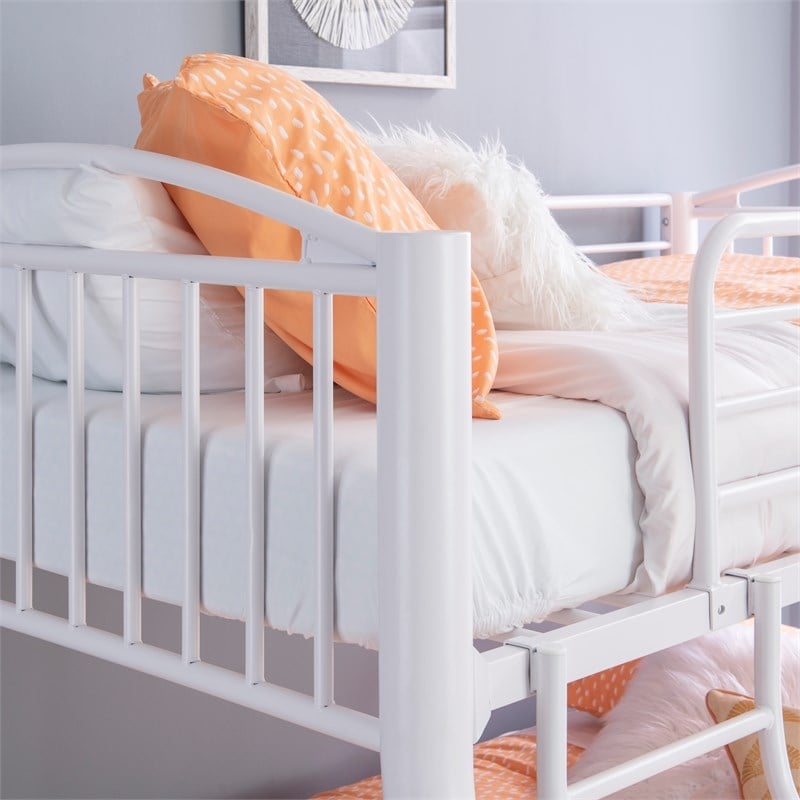 Linon Heavy Metal Twin Over Full Bunk Bed Attached Ladder in White