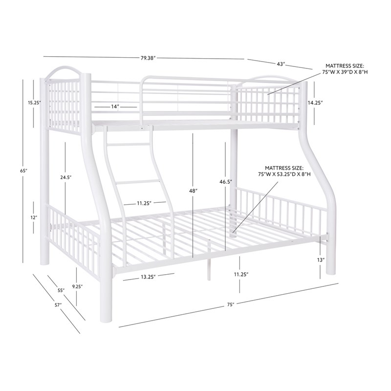 Linon Heavy Metal Twin Over Full Bunk Bed Attached Ladder in White