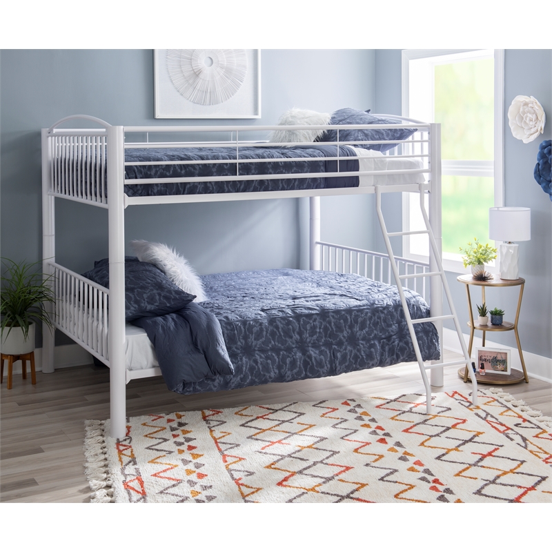 Linon Heavy Metal Full Over Full Bunk Bed Attached Ladder in White