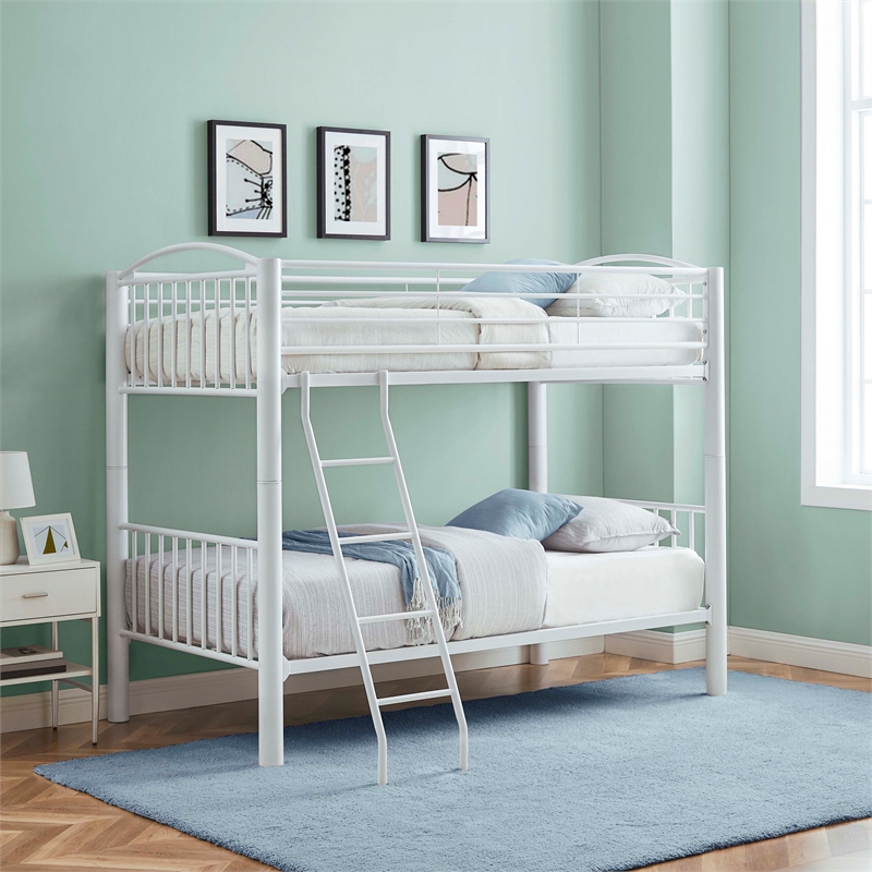 Linon Heavy Metal Twin Over Twin Bunk Bed Attached Ladder in White