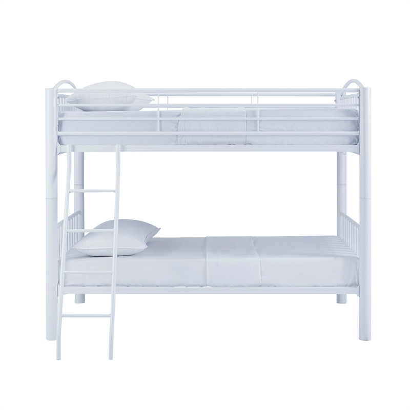 Linon Heavy Metal Twin Over Twin Bunk Bed Attached Ladder in White