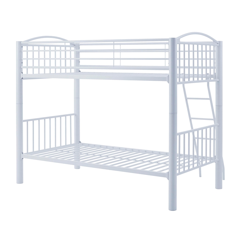 Linon Heavy Metal Twin Over Twin Bunk Bed Attached Ladder in White