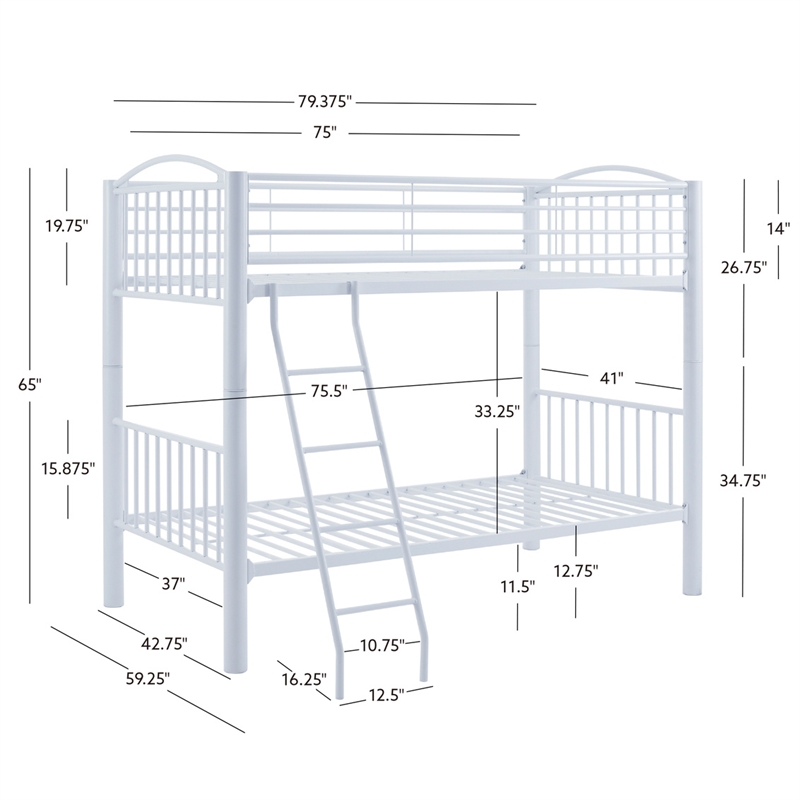 Linon Heavy Metal Twin Over Twin Bunk Bed Attached Ladder in White