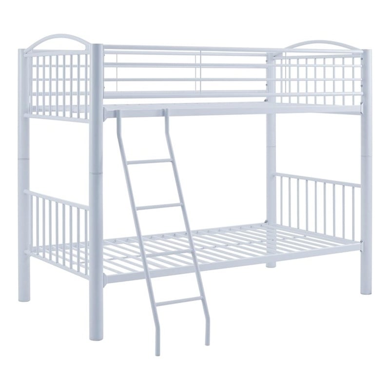 Linon Heavy Metal Twin Over Twin Bunk Bed Attached Ladder In White 