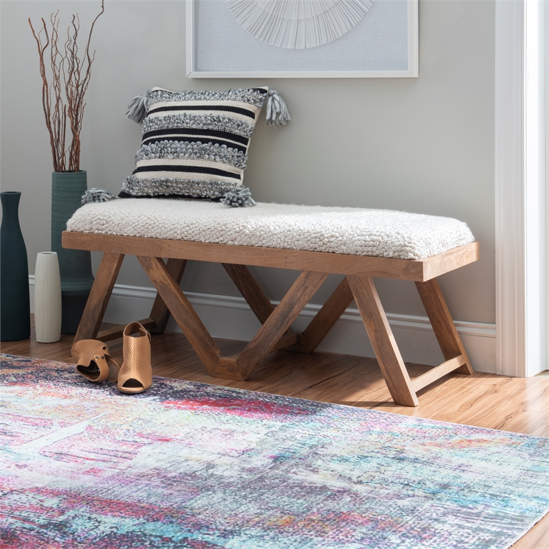 Linon Bryn Sturdy Rustic Wood Bench with White Shaggy Handwoven Cushion in Brown