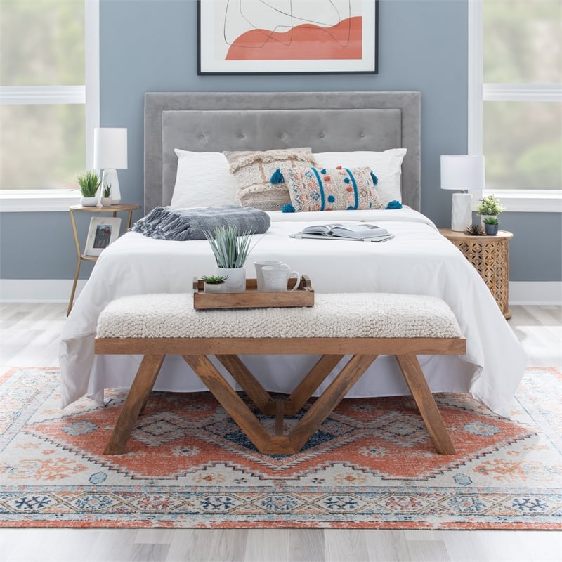 Linon Bryn Sturdy Rustic Wood Bench with White Shaggy Handwoven Cushion in Brown