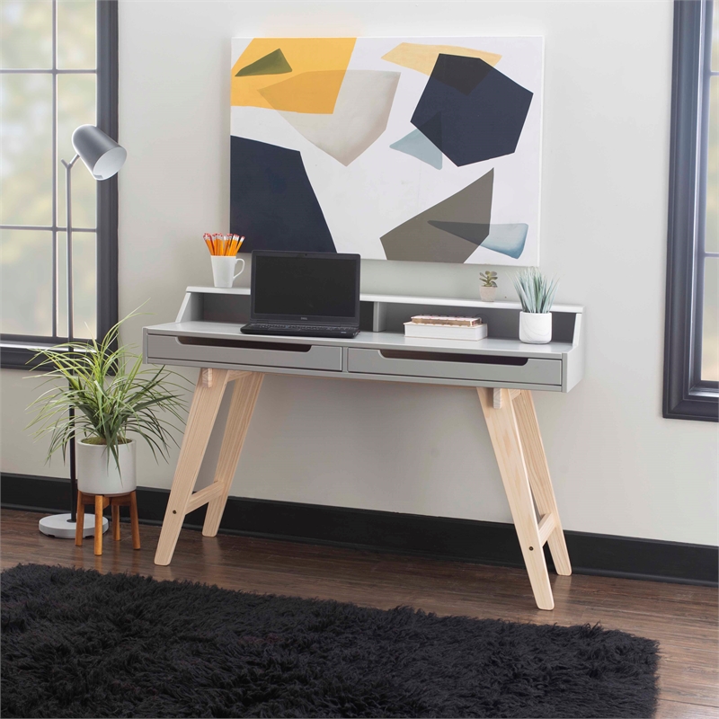 Linon Hoyt Two Tone Wood Desk Open Storage and 2 Drawers in Gray/Natural
