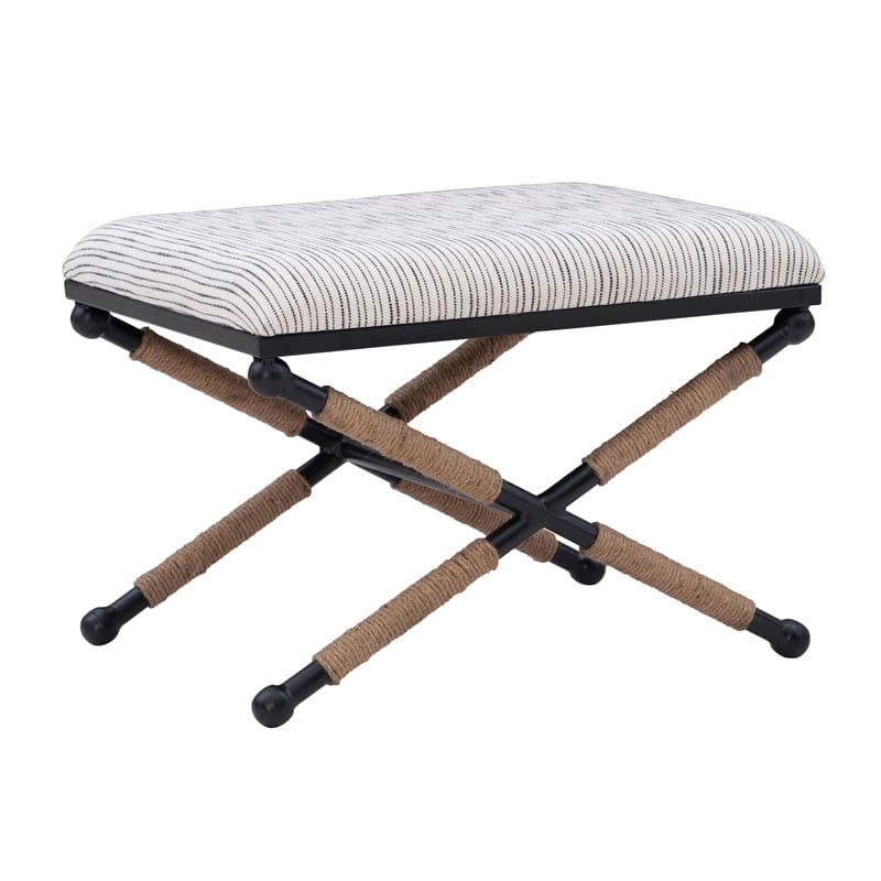Linon Anna Campaign Accent Stool Metal Legs with Rope Detail in Cream Stripe