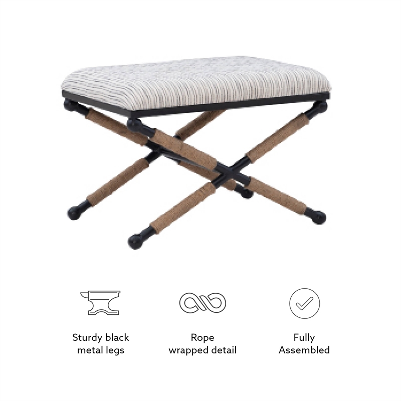 Linon Anna Campaign Accent Stool Metal Legs with Rope Detail in Cream Stripe