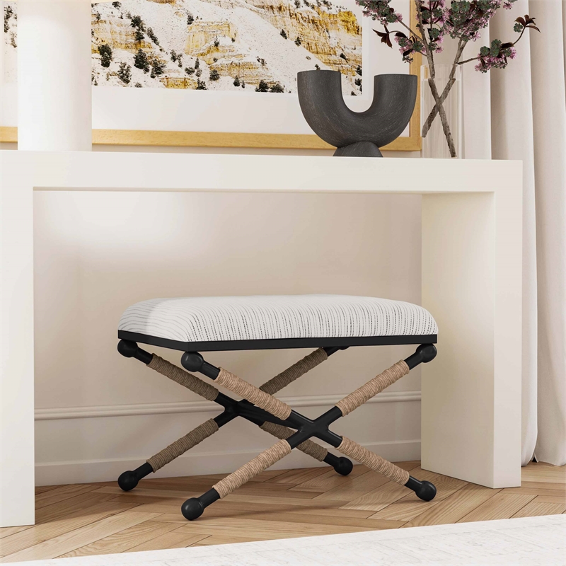 Linon Anna Campaign Accent Stool Metal Legs with Rope Detail in Cream Stripe