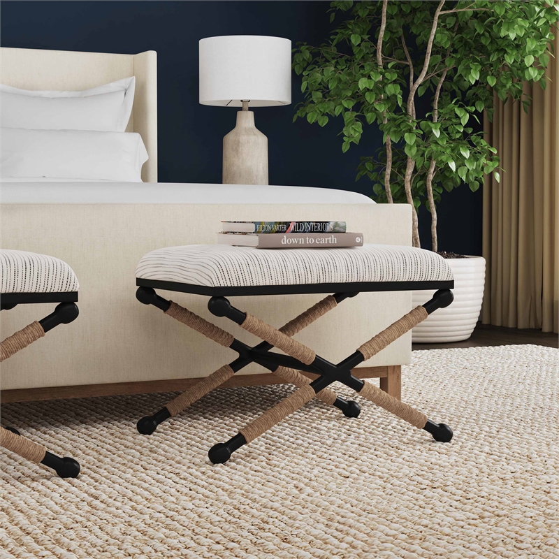 Linon Anna Campaign Accent Stool Metal Legs with Rope Detail in Cream Stripe