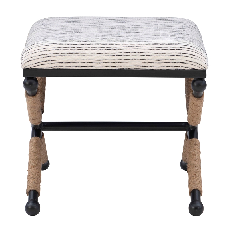 Linon Anna Campaign Accent Stool Metal Legs with Rope Detail in Cream Stripe