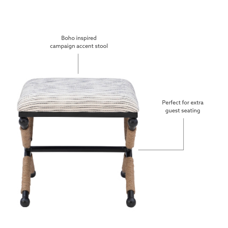 Linon Anna Campaign Accent Stool Metal Legs with Rope Detail in Cream Stripe