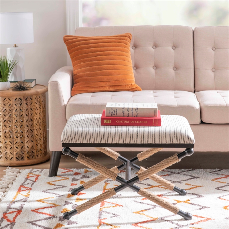 Linon Anna Campaign Accent Stool Metal Legs with Rope Detail in Cream Stripe