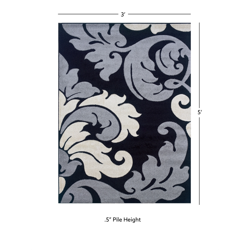 Linon Corfu Damask Frieze Yarn 3'x5' Rug in Black and Gray