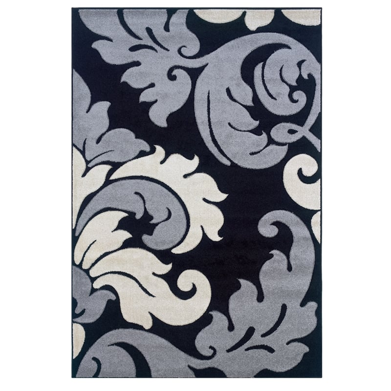 Linon Corfu Damask Frieze Yarn 3'x5' Rug in Black and Gray